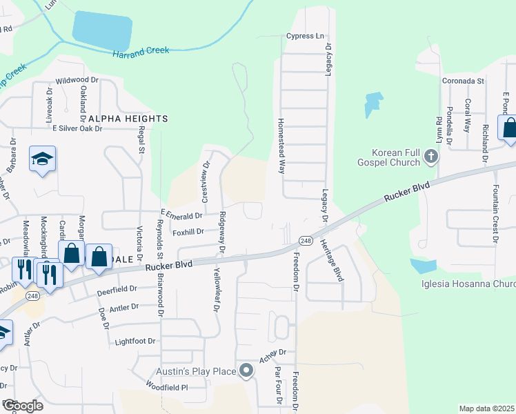 map of restaurants, bars, coffee shops, grocery stores, and more near 112 Woodmere Drive in Enterprise
