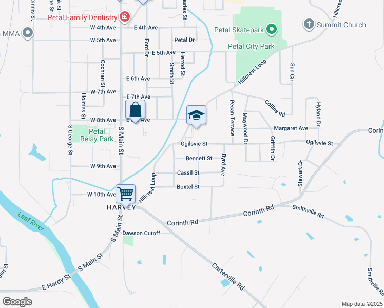 map of restaurants, bars, coffee shops, grocery stores, and more near 205 Bennett Street in Petal