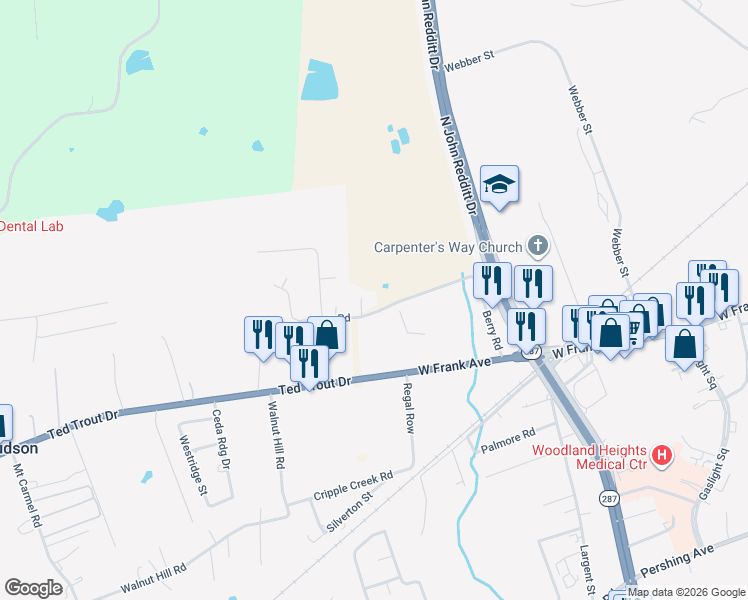 map of restaurants, bars, coffee shops, grocery stores, and more near 1034 Berry Road in Lufkin