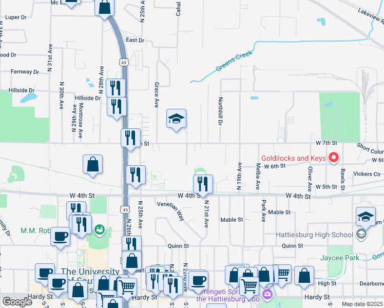 map of restaurants, bars, coffee shops, grocery stores, and more near 609 Meadowlane Drive in Hattiesburg