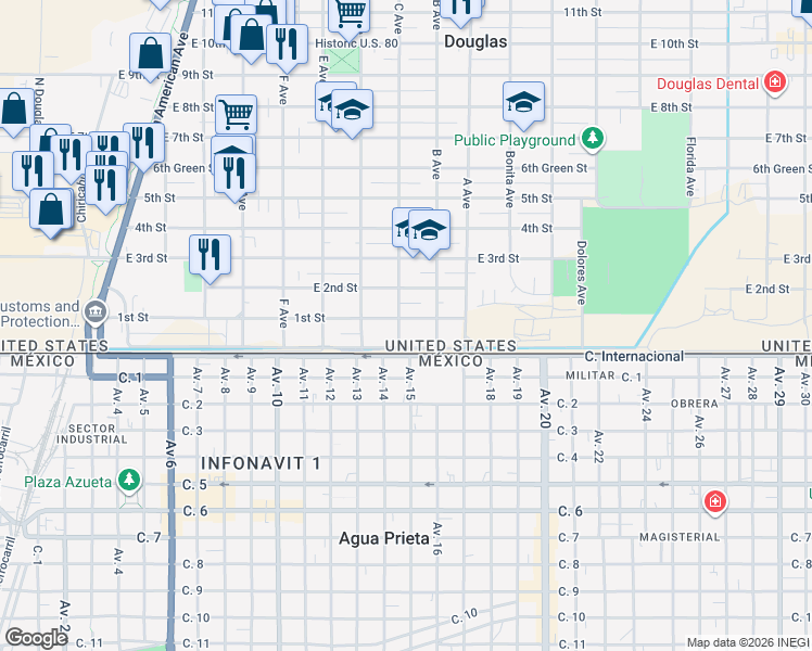 map of restaurants, bars, coffee shops, grocery stores, and more near 915 1st Street in Douglas