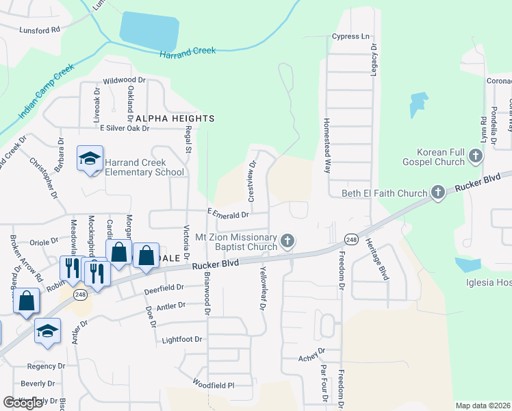 map of restaurants, bars, coffee shops, grocery stores, and more near 102 Crestview Drive in Enterprise