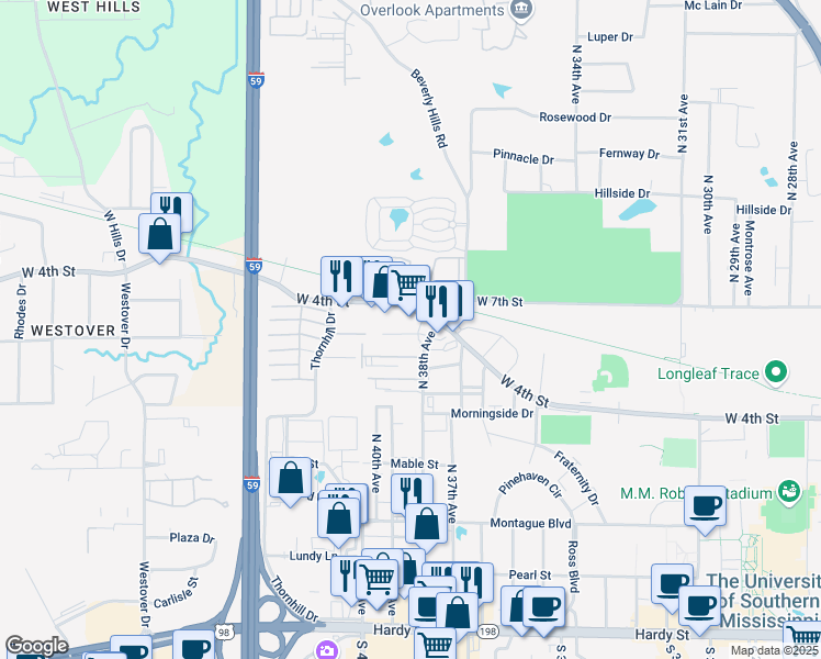 map of restaurants, bars, coffee shops, grocery stores, and more near 3809 Eagle Drive in Hattiesburg