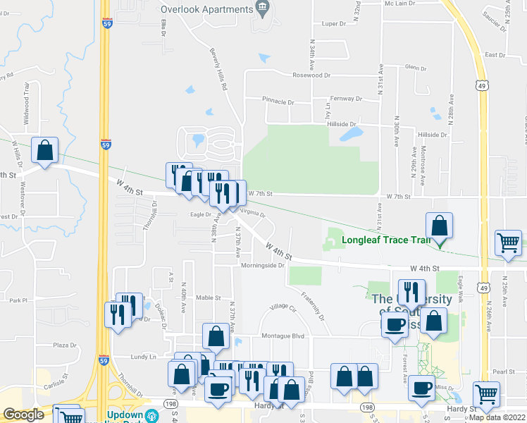 map of restaurants, bars, coffee shops, grocery stores, and more near 117 Virginia Drive in Hattiesburg