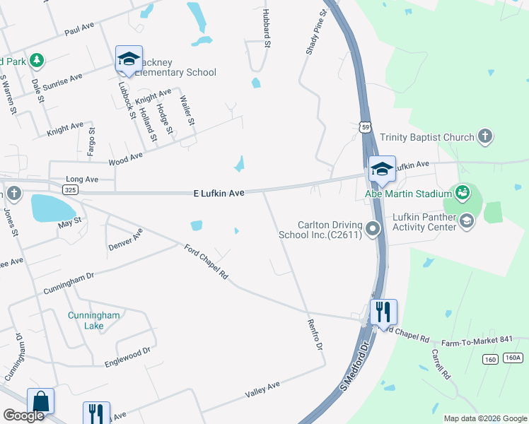 map of restaurants, bars, coffee shops, grocery stores, and more near 115 Renfro Drive in Lufkin