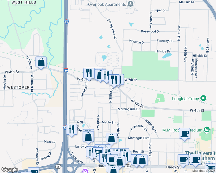 map of restaurants, bars, coffee shops, grocery stores, and more near 3809 Eagle Dr in Hattiesburg