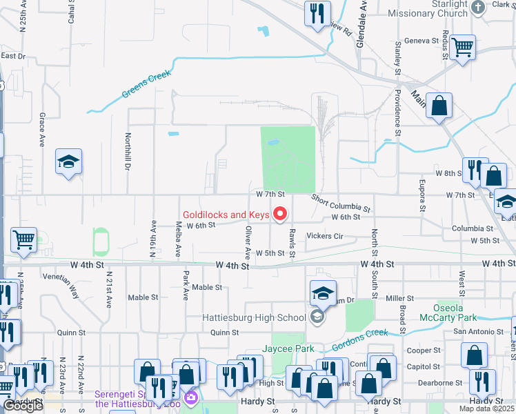 map of restaurants, bars, coffee shops, grocery stores, and more near 1107 Oliver Avenue in Hattiesburg
