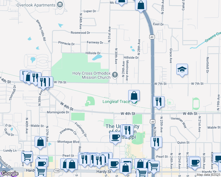 map of restaurants, bars, coffee shops, grocery stores, and more near 619 North 31st Avenue in Hattiesburg