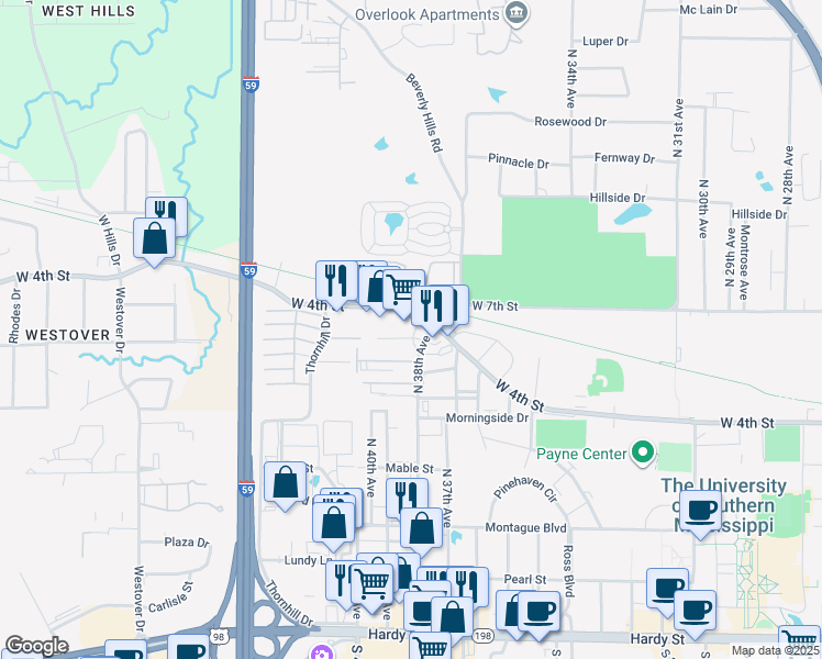 map of restaurants, bars, coffee shops, grocery stores, and more near 3809 Eagle Dr in Hattiesburg