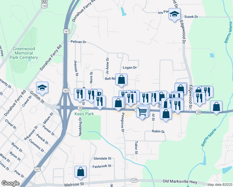 map of restaurants, bars, coffee shops, grocery stores, and more near 400 Cleco Drive in Pineville