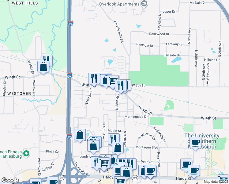 map of restaurants, bars, coffee shops, grocery stores, and more near 3809 Eagle Dr in Hattiesburg