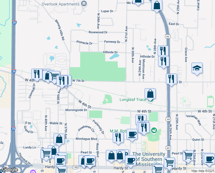 map of restaurants, bars, coffee shops, grocery stores, and more near 3210 West 7th Street in Hattiesburg