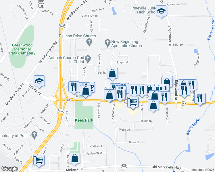 map of restaurants, bars, coffee shops, grocery stores, and more near 400 Cleco Drive in Pineville