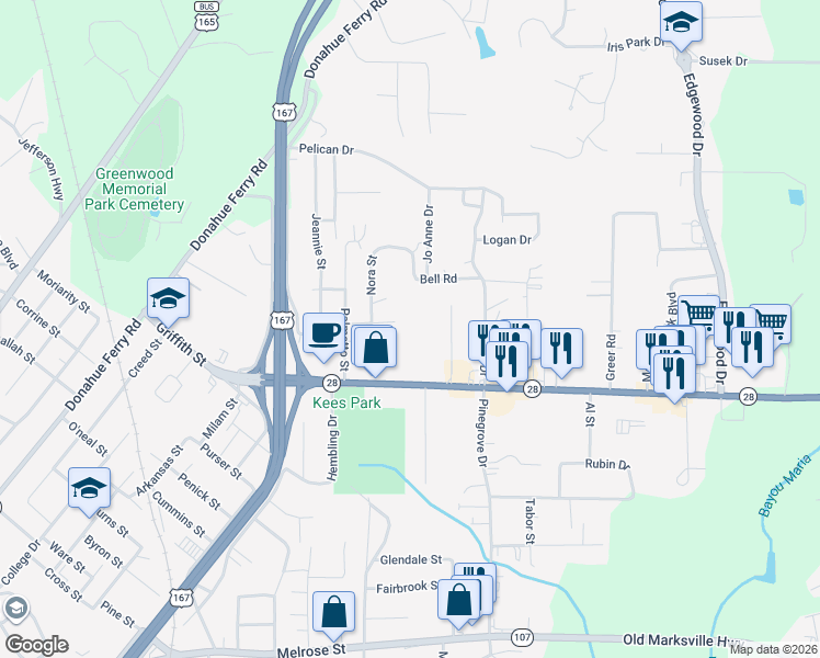 map of restaurants, bars, coffee shops, grocery stores, and more near 298 Carolyn Street in Pineville