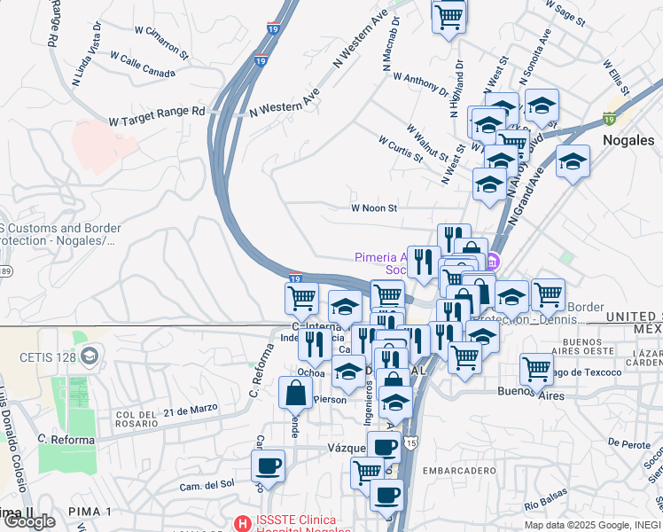 map of restaurants, bars, coffee shops, grocery stores, and more near 623 West Crawford Street in Nogales