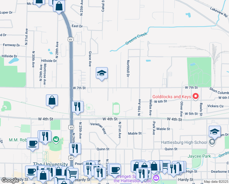 map of restaurants, bars, coffee shops, grocery stores, and more near 609 Meadowlane Drive in Hattiesburg