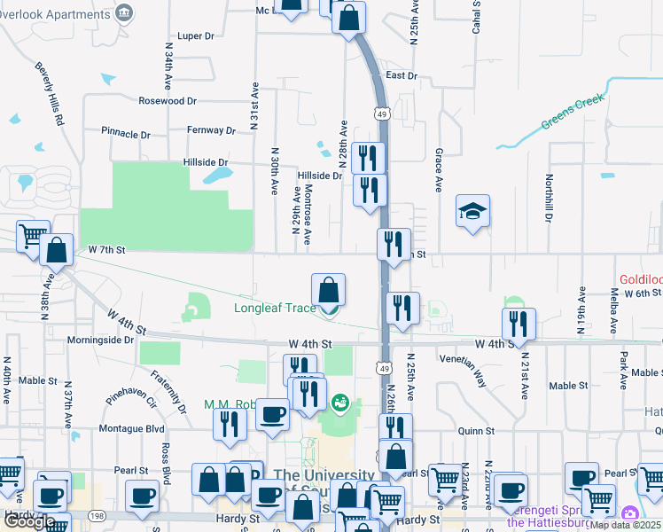 map of restaurants, bars, coffee shops, grocery stores, and more near 111 Hardwood Court in Hattiesburg