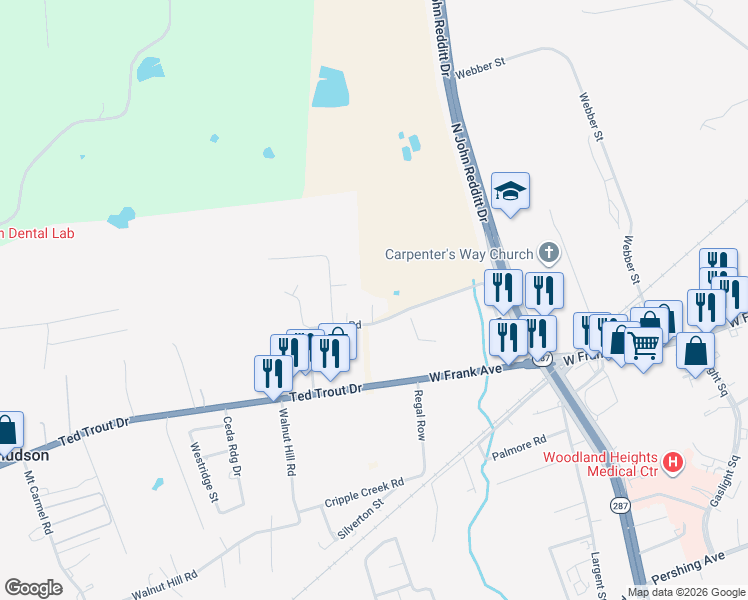 map of restaurants, bars, coffee shops, grocery stores, and more near 1034 Berry Road in Lufkin