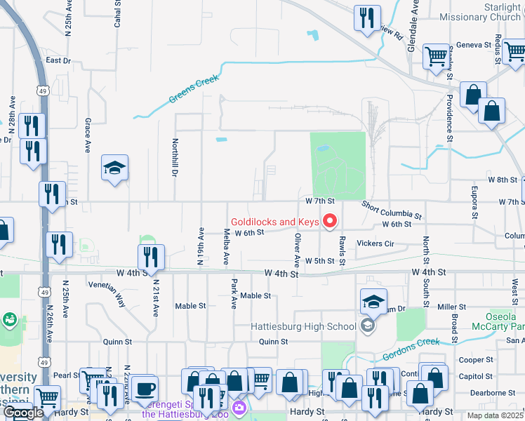 map of restaurants, bars, coffee shops, grocery stores, and more near 1414 West 7th Street in Hattiesburg