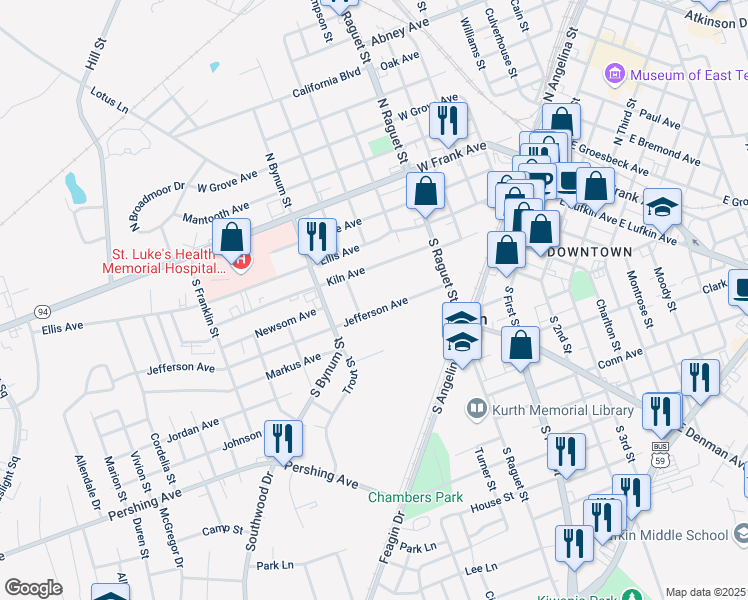 map of restaurants, bars, coffee shops, grocery stores, and more near 466 Jefferson Avenue in Lufkin