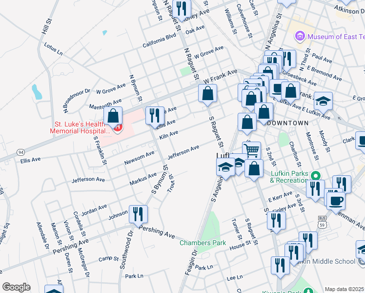 map of restaurants, bars, coffee shops, grocery stores, and more near 466 Jefferson Avenue in Lufkin