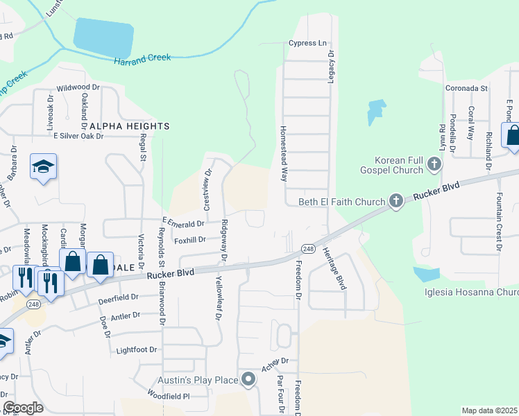 map of restaurants, bars, coffee shops, grocery stores, and more near 112 Woodmere Drive in Enterprise