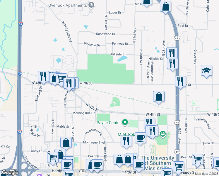 map of restaurants, bars, coffee shops, grocery stores, and more near 3210 West 7th Street in Hattiesburg