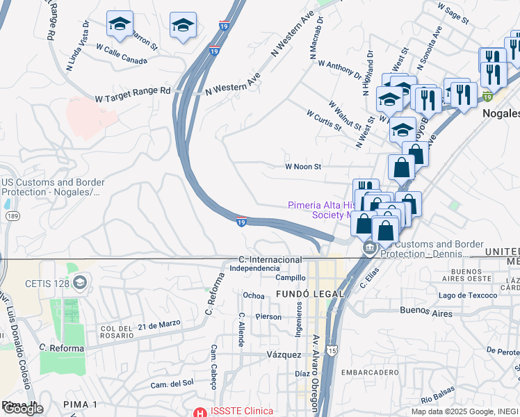 map of restaurants, bars, coffee shops, grocery stores, and more near 623 West Crawford Street in Nogales