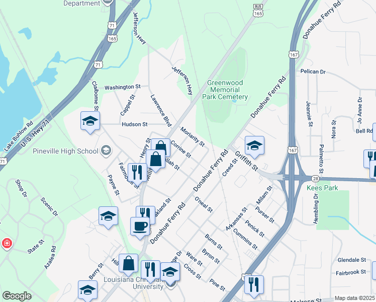 map of restaurants, bars, coffee shops, grocery stores, and more near 1801 Jewel Street in Pineville