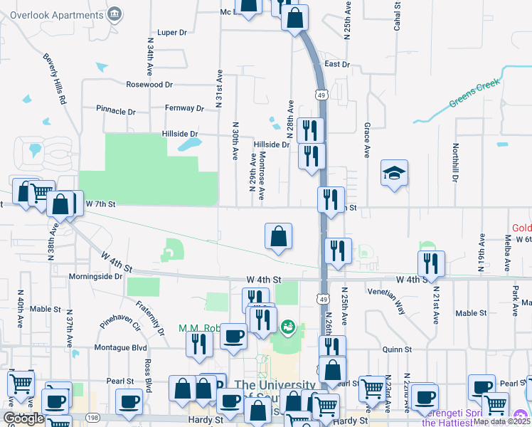 map of restaurants, bars, coffee shops, grocery stores, and more near 2820 West 7th Street in Hattiesburg