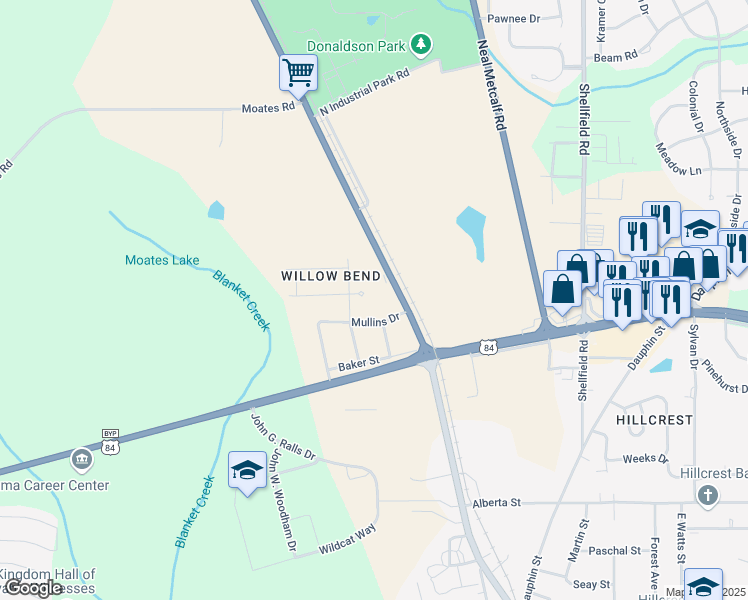 map of restaurants, bars, coffee shops, grocery stores, and more near 202 Mullins Drive in Enterprise