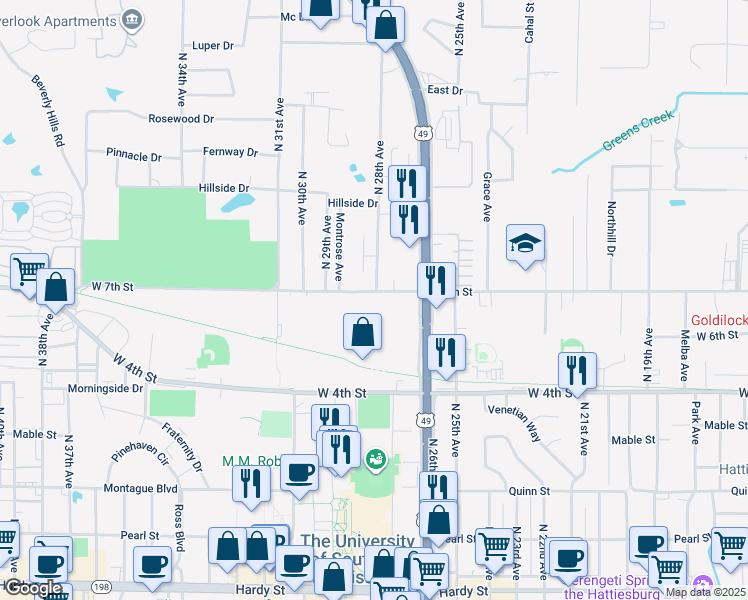 map of restaurants, bars, coffee shops, grocery stores, and more near 111 Hardwood Court in Hattiesburg