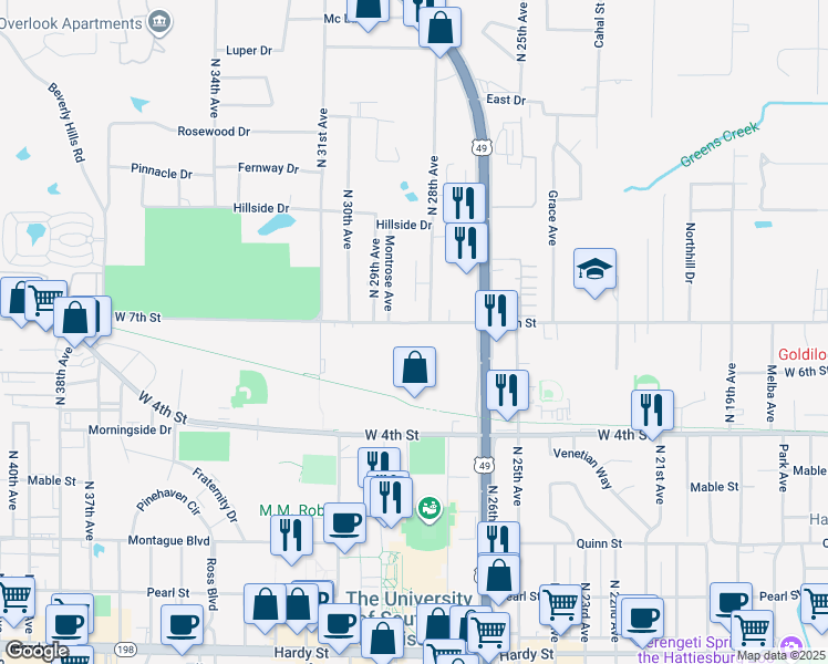 map of restaurants, bars, coffee shops, grocery stores, and more near 2820 West 7th Street in Hattiesburg