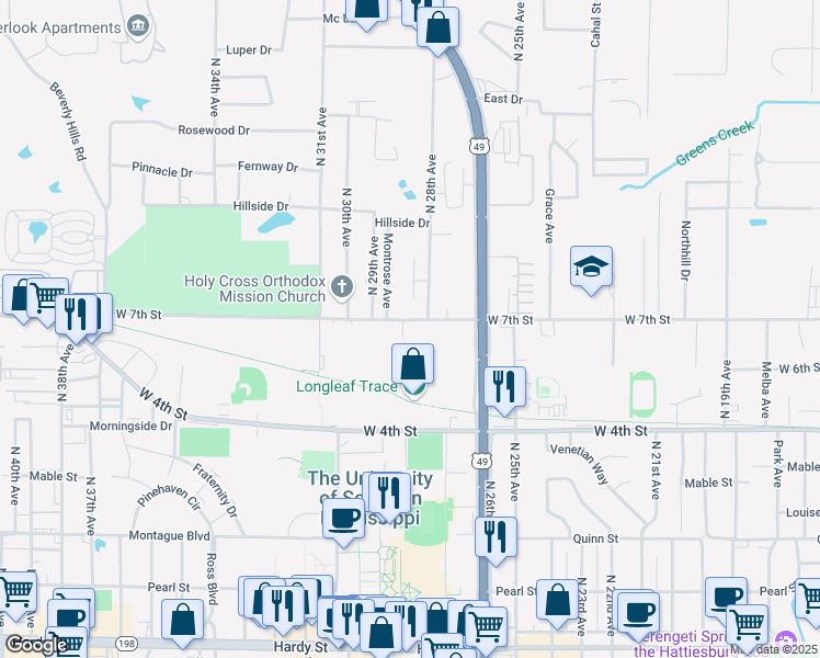 map of restaurants, bars, coffee shops, grocery stores, and more near 2820 West 7th Street in Hattiesburg