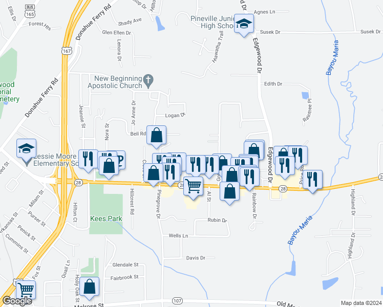 map of restaurants, bars, coffee shops, grocery stores, and more near 2747 Louisiana 28 in Pineville