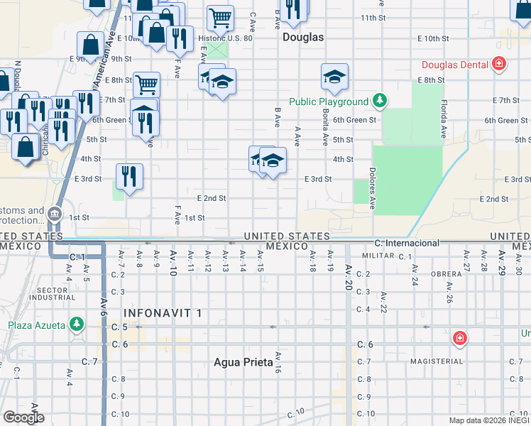 map of restaurants, bars, coffee shops, grocery stores, and more near 915 1st Street in Douglas