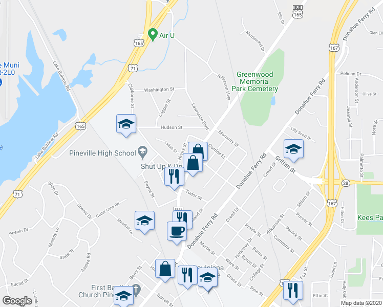 map of restaurants, bars, coffee shops, grocery stores, and more near 1701 Military Highway in Pineville