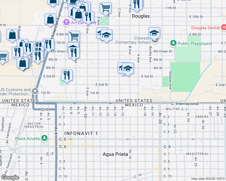 map of restaurants, bars, coffee shops, grocery stores, and more near 821 1st Street in Douglas