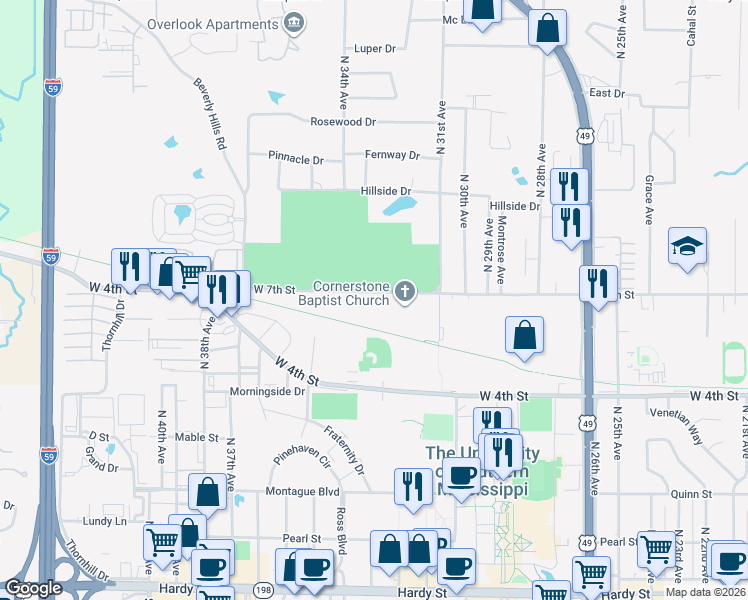 map of restaurants, bars, coffee shops, grocery stores, and more near 3300 West 7th Street in Hattiesburg