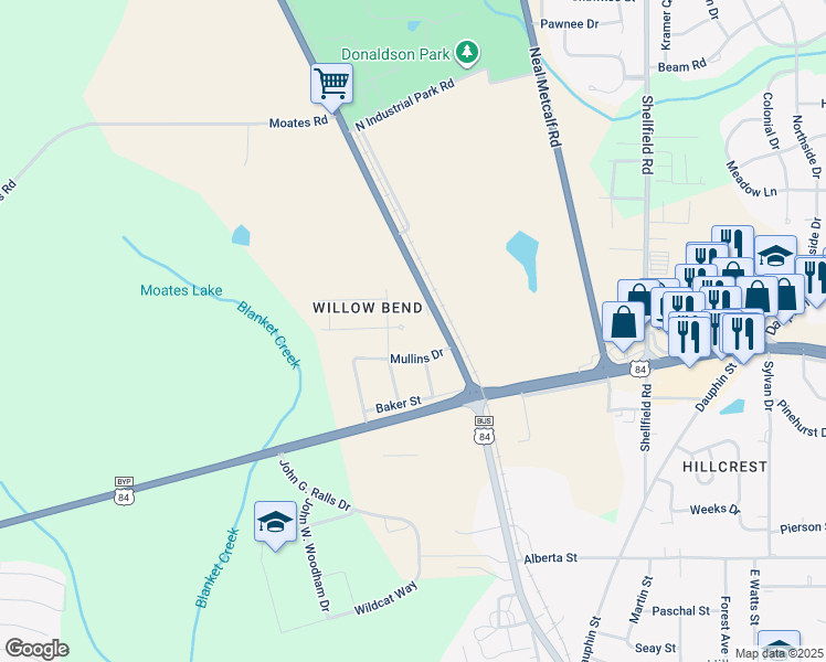 map of restaurants, bars, coffee shops, grocery stores, and more near 202 Mullins Drive in Enterprise