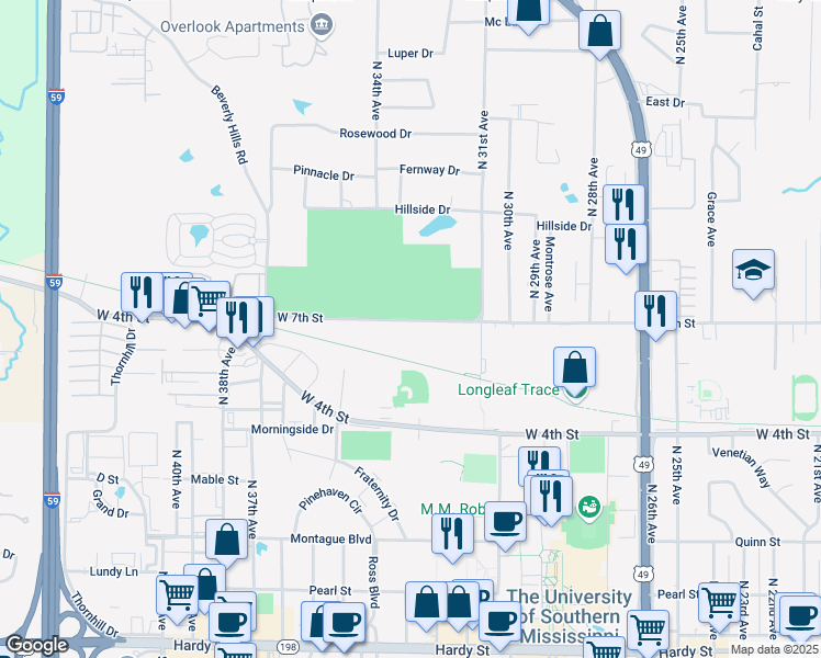 map of restaurants, bars, coffee shops, grocery stores, and more near 3210 West 7th Street in Hattiesburg