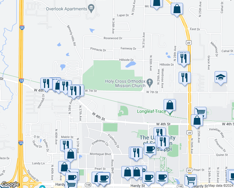 map of restaurants, bars, coffee shops, grocery stores, and more near 3210 West 7th Street in Hattiesburg