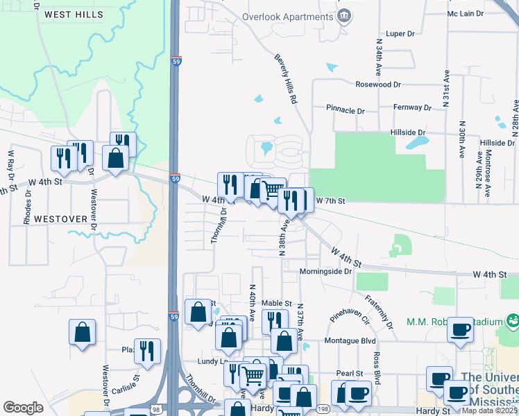 map of restaurants, bars, coffee shops, grocery stores, and more near 3901 Eagle Drive in Hattiesburg