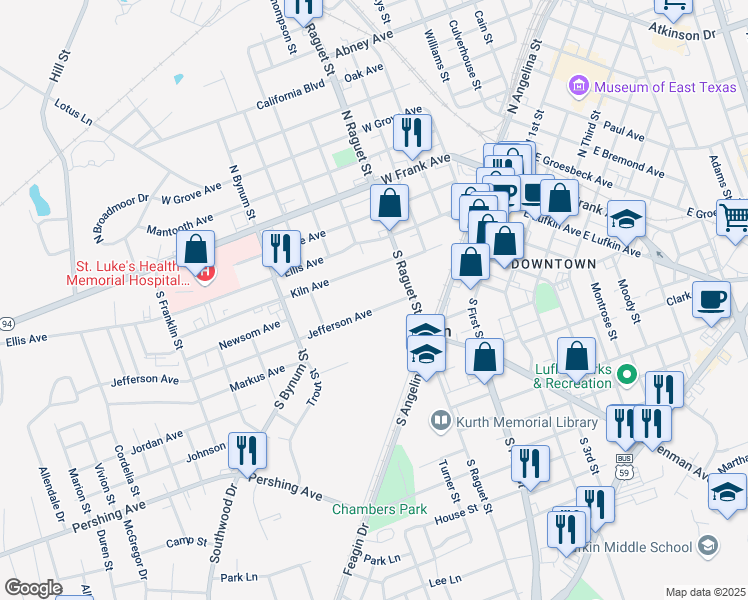 map of restaurants, bars, coffee shops, grocery stores, and more near 444 Jefferson Avenue in Lufkin