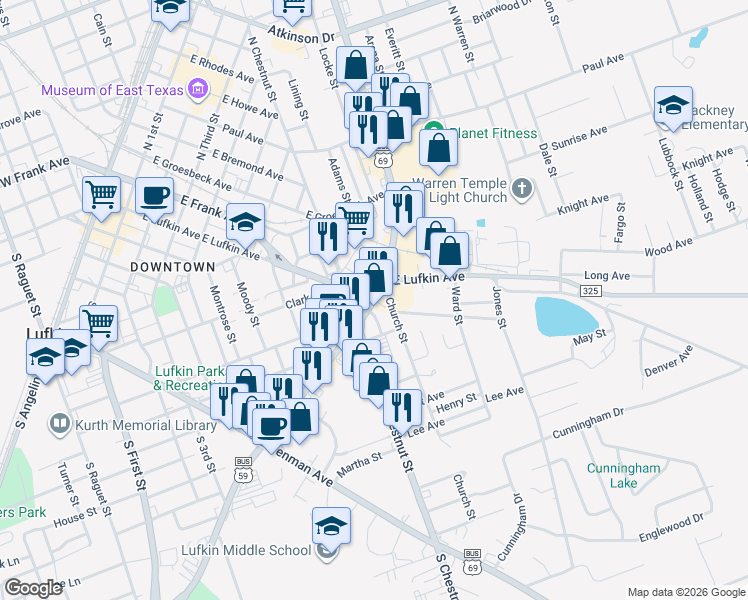map of restaurants, bars, coffee shops, grocery stores, and more near 101 South Timberland Drive in Lufkin