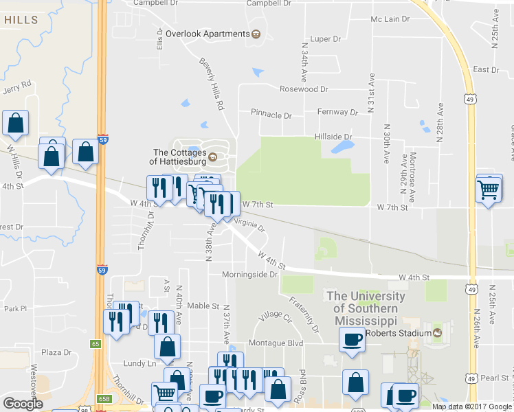 map of restaurants, bars, coffee shops, grocery stores, and more near 3612 West 7th Street in Hattiesburg