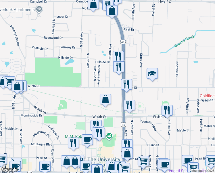 map of restaurants, bars, coffee shops, grocery stores, and more near 700 North 28th Avenue in Hattiesburg