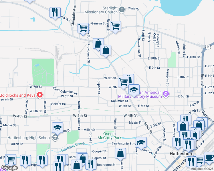 map of restaurants, bars, coffee shops, grocery stores, and more near 116 W 8th St in Hattiesburg