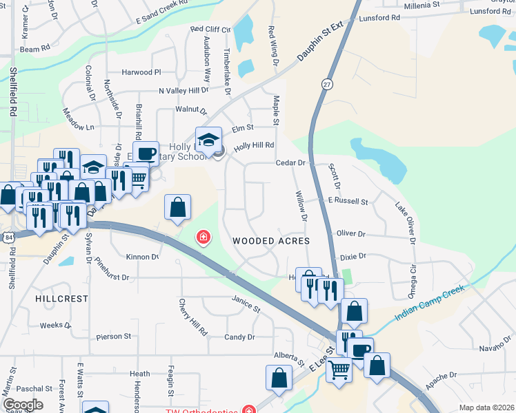 map of restaurants, bars, coffee shops, grocery stores, and more near 109 Magnolia Circle in Enterprise