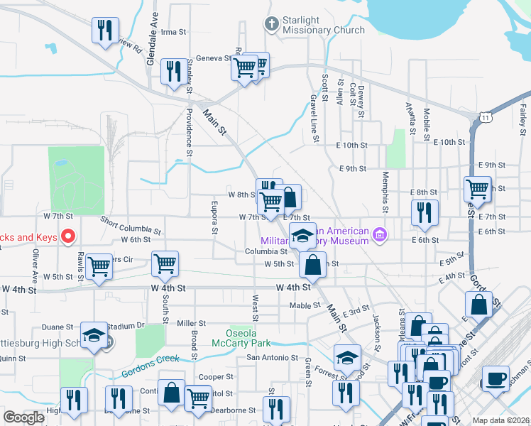 map of restaurants, bars, coffee shops, grocery stores, and more near 1306 Main Street in Hattiesburg